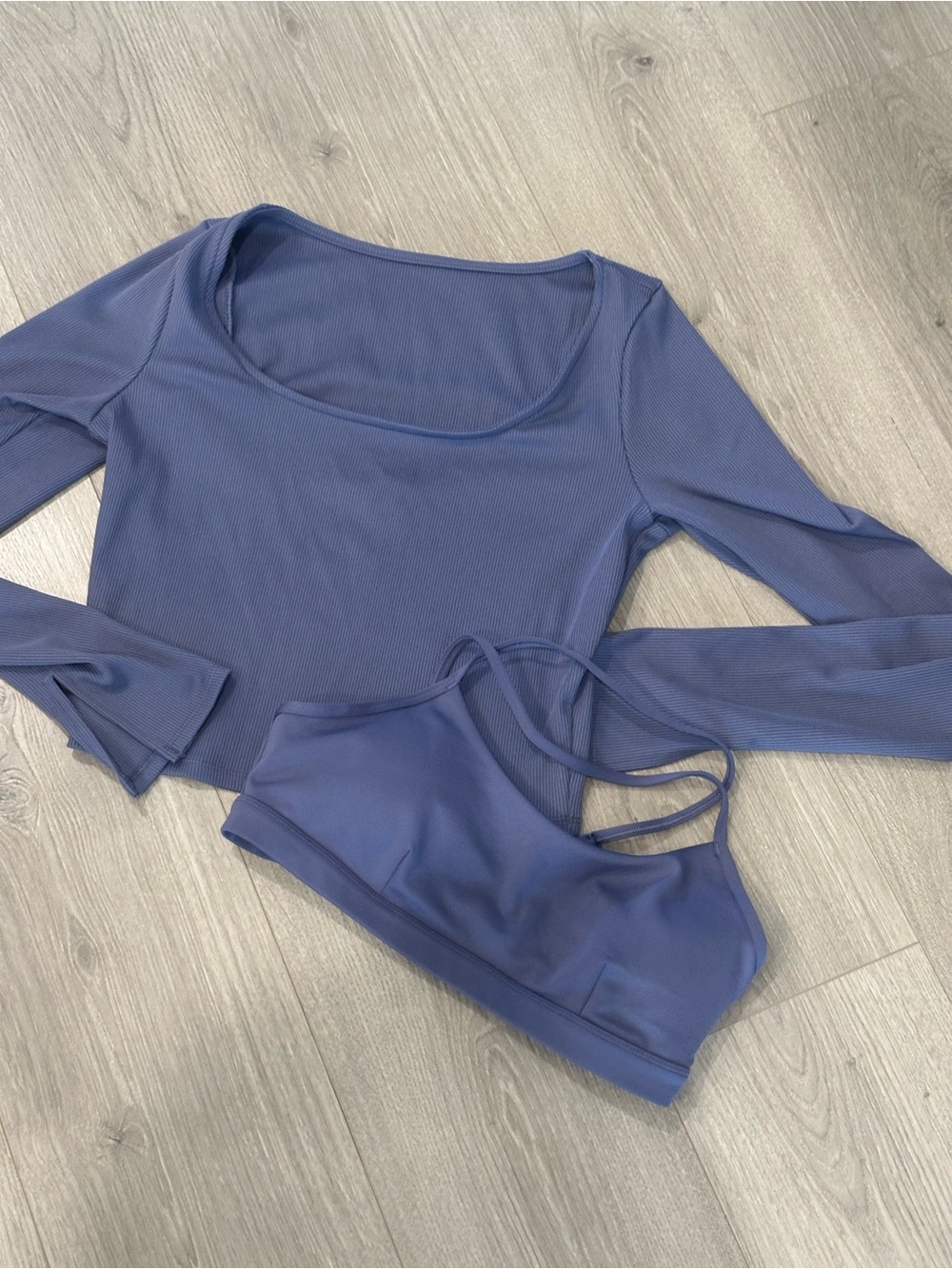 ALO Yoga Long Sleeve Ribbed Top & Strappy Sports Bra - Blue